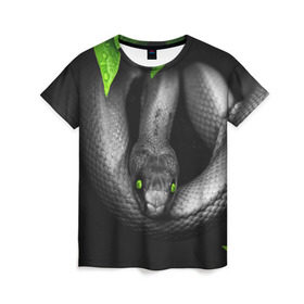 Женская футболка 3D с принтом Змея в Екатеринбурге, 100% полиэфир ( синтетическое хлопкоподобное полотно) | прямой крой, круглый вырез горловины, длина до линии бедер | Тематика изображения на принте: гадюка | животные | змея | листья | природа | удав | черно белое | черное и белое