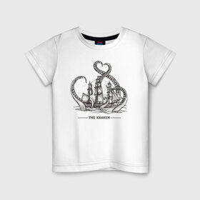 Детская футболка хлопок с принтом Кракен в Екатеринбурге, 100% хлопок | круглый вырез горловины, полуприлегающий силуэт, длина до линии бедер | Тематика изображения на принте: корабль | кракен | монстр | море | осьминог