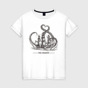 Женская футболка хлопок с принтом Кракен в Екатеринбурге, 100% хлопок | прямой крой, круглый вырез горловины, длина до линии бедер, слегка спущенное плечо | корабль | кракен | монстр | море | осьминог