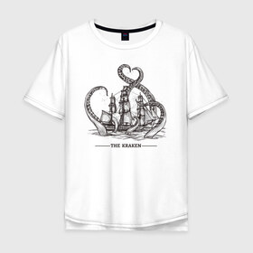 Мужская футболка хлопок Oversize с принтом Кракен в Екатеринбурге, 100% хлопок | свободный крой, круглый ворот, “спинка” длиннее передней части | Тематика изображения на принте: корабль | кракен | монстр | море | осьминог