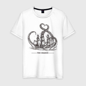 Мужская футболка хлопок с принтом Кракен в Екатеринбурге, 100% хлопок | прямой крой, круглый вырез горловины, длина до линии бедер, слегка спущенное плечо. | корабль | кракен | монстр | море | осьминог