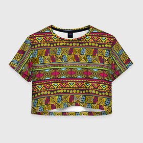 Женская футболка 3D укороченная с принтом Этнический орнамент в Екатеринбурге, 100% полиэстер | круглая горловина, длина футболки до линии талии, рукава с отворотами | африка | геометрия | индия | орнамент | узор | этно