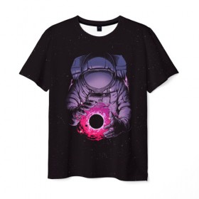 Мужская футболка 3D с принтом Карманная вселенная в Екатеринбурге, 100% полиэфир | прямой крой, круглый вырез горловины, длина до линии бедер | Тематика изображения на принте: астронавт | вселенная | галактика | звезда | космонавт | космос | свет | скафандр | солнце | стекло | тени | черная дыра