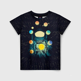 Детская футболка 3D с принтом Космический жонглер в Екатеринбурге, 100% гипоаллергенный полиэфир | прямой крой, круглый вырез горловины, длина до линии бедер, чуть спущенное плечо, ткань немного тянется | Тематика изображения на принте: астронавт | венера | вселенная | галактика | звезда | земля | космонавт | космос | марс | меркурий | планеты | сатурн | свет | скафандр | солнце | стекло | тени | уран | юпитер