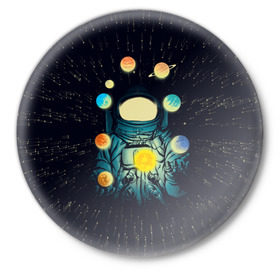 Значок с принтом Космический жонглер в Екатеринбурге,  металл | круглая форма, металлическая застежка в виде булавки | Тематика изображения на принте: астронавт | венера | вселенная | галактика | звезда | земля | космонавт | космос | марс | меркурий | планеты | сатурн | свет | скафандр | солнце | стекло | тени | уран | юпитер