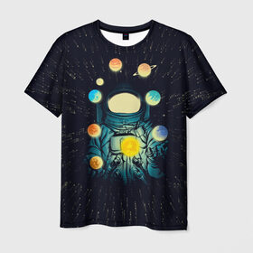 Мужская футболка 3D с принтом Космический жонглер в Екатеринбурге, 100% полиэфир | прямой крой, круглый вырез горловины, длина до линии бедер | астронавт | венера | вселенная | галактика | звезда | земля | космонавт | космос | марс | меркурий | планеты | сатурн | свет | скафандр | солнце | стекло | тени | уран | юпитер