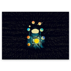 Поздравительная открытка с принтом Космический жонглер в Екатеринбурге, 100% бумага | плотность бумаги 280 г/м2, матовая, на обратной стороне линовка и место для марки
 | астронавт | венера | вселенная | галактика | звезда | земля | космонавт | космос | марс | меркурий | планеты | сатурн | свет | скафандр | солнце | стекло | тени | уран | юпитер