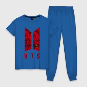 Женская пижама хлопок с принтом BTS Roses в Екатеринбурге, 100% хлопок | брюки и футболка прямого кроя, без карманов, на брюках мягкая резинка на поясе и по низу штанин | bangtan | beyond | boys | bts | bulletproof | k pop | roses | scene | suga | the | арэма | бтс | джин | корейский | лого | логотип | музыка | поп | розы | чина | шуга