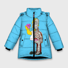 Зимняя куртка для девочек 3D с принтом Гомер в Екатеринбурге, ткань верха — 100% полиэстер; подклад — 100% полиэстер, утеплитель — 100% полиэстер. | длина ниже бедра, удлиненная спинка, воротник стойка и отстегивающийся капюшон. Есть боковые карманы с листочкой на кнопках, утяжки по низу изделия и внутренний карман на молнии. 

Предусмотрены светоотражающий принт на спинке, радужный светоотражающий элемент на пуллере молнии и на резинке для утяжки. | Тематика изображения на принте: bart | comedy | familt | homer | lisa | maggie | marge | mult | series | simpson | simpsons | springfield | барт | гомер | комедия | лиза | мардж | мэгги | прикол | приколы | семья | сериал | симпсон | симпсоны | спрингфилд