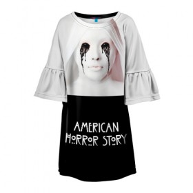 Детское платье 3D с принтом American Horror Story в Екатеринбурге, 100% полиэстер | прямой силуэт, чуть расширенный к низу. Круглая горловина, на рукавах — воланы | Тематика изображения на принте: ahs | american horror story | американская история ужасов | демон | краска | лицо | макияж | монашка | черные глаза