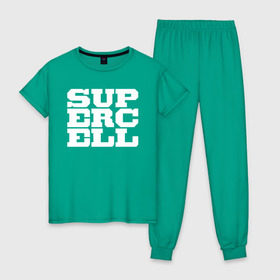 Женская пижама хлопок с принтом SUPERCELL в Екатеринбурге, 100% хлопок | брюки и футболка прямого кроя, без карманов, на брюках мягкая резинка на поясе и по низу штанин | supercell | игра | клеш | клэш | суперселл