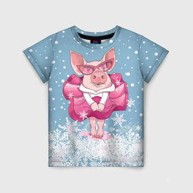 Детская футболка 3D с принтом Свинка в розовом в Екатеринбурге, 100% гипоаллергенный полиэфир | прямой крой, круглый вырез горловины, длина до линии бедер, чуть спущенное плечо, ткань немного тянется | 2019 | год свиньи | милая свинка | новогодний подарок | новый год | новый год 2019 | подарок на новый год | прикольная свинка | свинка в розовом | свинья | символ 2019 года | снег | снежинки