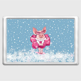 Магнит 45*70 с принтом Свинка в розовом в Екатеринбурге, Пластик | Размер: 78*52 мм; Размер печати: 70*45 | 2019 | год свиньи | милая свинка | новогодний подарок | новый год | новый год 2019 | подарок на новый год | прикольная свинка | свинка в розовом | свинья | символ 2019 года | снег | снежинки