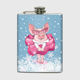 Фляга с принтом Свинка в розовом в Екатеринбурге, металлический корпус | емкость 0,22 л, размер 125 х 94 мм. Виниловая наклейка запечатывается полностью | 2019 | год свиньи | милая свинка | новогодний подарок | новый год | новый год 2019 | подарок на новый год | прикольная свинка | свинка в розовом | свинья | символ 2019 года | снег | снежинки