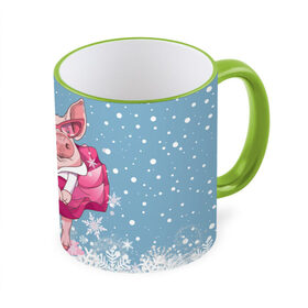 Кружка 3D с принтом Свинка в розовом в Екатеринбурге, керамика | ёмкость 330 мл | Тематика изображения на принте: 2019 | год свиньи | милая свинка | новогодний подарок | новый год | новый год 2019 | подарок на новый год | прикольная свинка | свинка в розовом | свинья | символ 2019 года | снег | снежинки