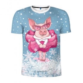 Мужская футболка 3D спортивная с принтом Свинка в розовом в Екатеринбурге, 100% полиэстер с улучшенными характеристиками | приталенный силуэт, круглая горловина, широкие плечи, сужается к линии бедра | 2019 | год свиньи | милая свинка | новогодний подарок | новый год | новый год 2019 | подарок на новый год | прикольная свинка | свинка в розовом | свинья | символ 2019 года | снег | снежинки