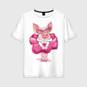 Женская футболка хлопок Oversize с принтом Свинка в розовом в Екатеринбурге, 100% хлопок | свободный крой, круглый ворот, спущенный рукав, длина до линии бедер
 | 2019 | год свиньи | милая свинка | новогодний подарок | новый год | новый год 2019 | подарок на новый год | прикольная свинка | свинка в розовом | свинья | символ 2019 года | снег | снежинки