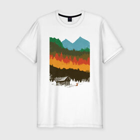 Мужская футболка хлопок Slim с принтом Дикая природа в Екатеринбурге, 92% хлопок, 8% лайкра | приталенный силуэт, круглый вырез ворота, длина до линии бедра, короткий рукав | горы | дикая природа | дом | лес | лиса | минимализм | развалины | сарай