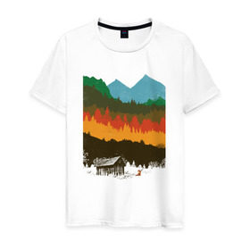 Мужская футболка хлопок с принтом Дикая природа в Екатеринбурге, 100% хлопок | прямой крой, круглый вырез горловины, длина до линии бедер, слегка спущенное плечо. | горы | дикая природа | дом | лес | лиса | минимализм | развалины | сарай