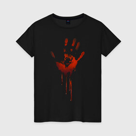 Женская футболка хлопок с принтом Отпечаток руки в Екатеринбурге, 100% хлопок | прямой крой, круглый вырез горловины, длина до линии бедер, слегка спущенное плечо | halloween | костюм на хэллоуин | кровавая рука | кровавый отпечаток | кровь | рисунок кровью | футболка для хэллоуина | хэллоуин