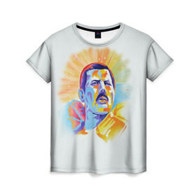 Женская футболка 3D с принтом Freddie Mercury в Екатеринбурге, 100% полиэфир ( синтетическое хлопкоподобное полотно) | прямой крой, круглый вырез горловины, длина до линии бедер | freddie mercury | queen | фредди меркьюри