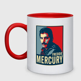 Кружка двухцветная с принтом Freddie Mercury в Екатеринбурге, керамика | объем — 330 мл, диаметр — 80 мм. Цветная ручка и кайма сверху, в некоторых цветах — вся внутренняя часть | Тематика изображения на принте: freddie mercury | queen | фредди меркьюри