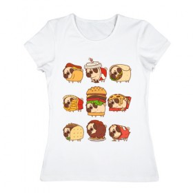 Женская футболка хлопок с принтом Мопсы в Екатеринбурге, 100% хлопок | прямой крой, круглый вырез горловины, длина до линии бедер, слегка спущенное плечо | fastfood | pug | бургер | еда | кола | пицца | собака | фастфуд | хотдог | чипсы | шаурма