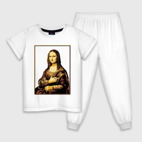 Детская пижама хлопок с принтом Fuck from Mona Lisa в Екатеринбурге, 100% хлопок |  брюки и футболка прямого кроя, без карманов, на брюках мягкая резинка на поясе и по низу штанин
 | Тематика изображения на принте: женщина | искусство | картина | лиза | мона | палец
