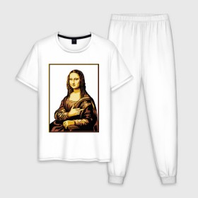Мужская пижама хлопок с принтом Fuck from Mona Lisa в Екатеринбурге, 100% хлопок | брюки и футболка прямого кроя, без карманов, на брюках мягкая резинка на поясе и по низу штанин
 | женщина | искусство | картина | лиза | мона | палец