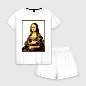 Женская пижама с шортиками хлопок с принтом Fuck from Mona Lisa в Екатеринбурге, 100% хлопок | футболка прямого кроя, шорты свободные с широкой мягкой резинкой | женщина | искусство | картина | лиза | мона | палец