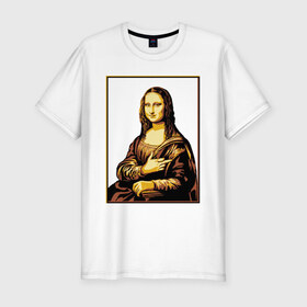 Мужская футболка хлопок Slim с принтом Fuck from Mona Lisa в Екатеринбурге, 92% хлопок, 8% лайкра | приталенный силуэт, круглый вырез ворота, длина до линии бедра, короткий рукав | женщина | искусство | картина | лиза | мона | палец