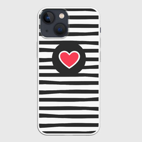 Чехол для iPhone 13 mini с принтом Сердце в полоску в Екатеринбурге,  |  | black | lines | mochino | белый | москино | полоски | полосы | сердечко | сердце | черный