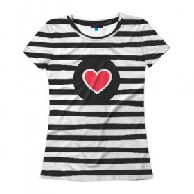 Женская футболка 3D с принтом Сердце в полоску в Екатеринбурге, 100% полиэфир ( синтетическое хлопкоподобное полотно) | прямой крой, круглый вырез горловины, длина до линии бедер | black | lines | mochino | белый | москино | полоски | полосы | сердечко | сердце | черный