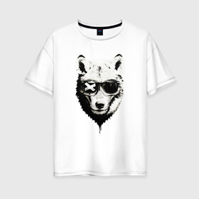 Женская футболка хлопок Oversize с принтом wolf with glasses в Екатеринбурге, 100% хлопок | свободный крой, круглый ворот, спущенный рукав, длина до линии бедер
 | Тематика изображения на принте: wolf | волк | волк в очках | голова | животное | животное в очках | зверь. | мода | модное | очки | пес | собака | хипстер