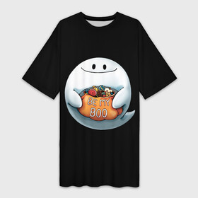 Платье-футболка 3D с принтом Be my Boo в Екатеринбурге,  |  | Тематика изображения на принте: candy | deliciouse | ghost | halloween | night | pumpkin | spirit | treat | trick | вкусняшки | гадость | дух | конфеты | ночь | приведение | призрак | сладости | тыква | хеллоуин | хэллоуин