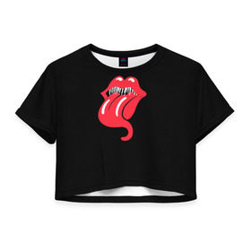 Женская футболка 3D укороченная с принтом Monsters Kiss в Екатеринбурге, 100% полиэстер | круглая горловина, длина футболки до линии талии, рукава с отворотами | halloween | jagger | lips | mick | monster | rock | rolling | stones | tongue | tooth | вольные | губы | джаггер | зубы | камни | катящиеся | мик | монстер | рок | странники | хеллоуин | хэллоуин | язык
