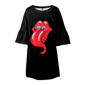 Детское платье 3D с принтом Monsters Kiss в Екатеринбурге, 100% полиэстер | прямой силуэт, чуть расширенный к низу. Круглая горловина, на рукавах — воланы | halloween | jagger | lips | mick | monster | rock | rolling | stones | tongue | tooth | вольные | губы | джаггер | зубы | камни | катящиеся | мик | монстер | рок | странники | хеллоуин | хэллоуин | язык