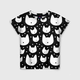 Детская футболка 3D с принтом Love Cats Pattern в Екатеринбурге, 100% гипоаллергенный полиэфир | прямой крой, круглый вырез горловины, длина до линии бедер, чуть спущенное плечо, ткань немного тянется | белый | кот | котенок | котэ | котя | котята | кошка | любовь | мимими | паттерн | сердечки | сердце | силуэт | черный | я люблю кошек
