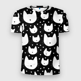 Мужская футболка 3D спортивная с принтом Love Cats Pattern в Екатеринбурге, 100% полиэстер с улучшенными характеристиками | приталенный силуэт, круглая горловина, широкие плечи, сужается к линии бедра | Тематика изображения на принте: белый | кот | котенок | котэ | котя | котята | кошка | любовь | мимими | паттерн | сердечки | сердце | силуэт | черный | я люблю кошек