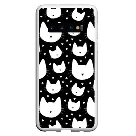 Чехол для Samsung Galaxy S10 с принтом Love Cats Pattern в Екатеринбурге, Силикон | Область печати: задняя сторона чехла, без боковых панелей | белый | кот | котенок | котэ | котя | котята | кошка | любовь | мимими | паттерн | сердечки | сердце | силуэт | черный | я люблю кошек