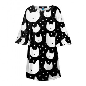 Детское платье 3D с принтом Love Cats Pattern в Екатеринбурге, 100% полиэстер | прямой силуэт, чуть расширенный к низу. Круглая горловина, на рукавах — воланы | белый | кот | котенок | котэ | котя | котята | кошка | любовь | мимими | паттерн | сердечки | сердце | силуэт | черный | я люблю кошек