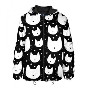 Мужская куртка 3D с принтом Love Cats Pattern в Екатеринбурге, ткань верха — 100% полиэстер, подклад — флис | прямой крой, подол и капюшон оформлены резинкой с фиксаторами, два кармана без застежек по бокам, один большой потайной карман на груди. Карман на груди застегивается на липучку | Тематика изображения на принте: белый | кот | котенок | котэ | котя | котята | кошка | любовь | мимими | паттерн | сердечки | сердце | силуэт | черный | я люблю кошек