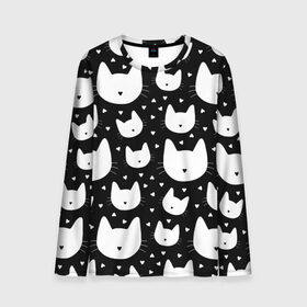 Мужской лонгслив 3D с принтом Love Cats Pattern в Екатеринбурге, 100% полиэстер | длинные рукава, круглый вырез горловины, полуприлегающий силуэт | Тематика изображения на принте: белый | кот | котенок | котэ | котя | котята | кошка | любовь | мимими | паттерн | сердечки | сердце | силуэт | черный | я люблю кошек