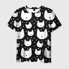 Мужская футболка 3D с принтом Love Cats Pattern в Екатеринбурге, 100% полиэфир | прямой крой, круглый вырез горловины, длина до линии бедер | Тематика изображения на принте: белый | кот | котенок | котэ | котя | котята | кошка | любовь | мимими | паттерн | сердечки | сердце | силуэт | черный | я люблю кошек