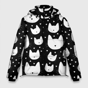 Мужская зимняя куртка 3D с принтом Love Cats Pattern в Екатеринбурге, верх — 100% полиэстер; подкладка — 100% полиэстер; утеплитель — 100% полиэстер | длина ниже бедра, свободный силуэт Оверсайз. Есть воротник-стойка, отстегивающийся капюшон и ветрозащитная планка. 

Боковые карманы с листочкой на кнопках и внутренний карман на молнии. | белый | кот | котенок | котэ | котя | котята | кошка | любовь | мимими | паттерн | сердечки | сердце | силуэт | черный | я люблю кошек