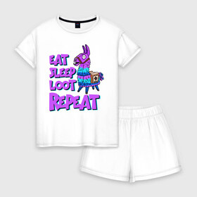 Женская пижама с шортиками хлопок с принтом Eat, Sleep, Loot, Repeat в Екатеринбурге, 100% хлопок | футболка прямого кроя, шорты свободные с широкой мягкой резинкой | fortnite | fortnite battle royale | lama | лама | фортнайт