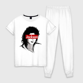 Женская пижама хлопок с принтом Michael Jackson в Екатеринбурге, 100% хлопок | брюки и футболка прямого кроя, без карманов, на брюках мягкая резинка на поясе и по низу штанин | jackson | michael | джексон | майкл