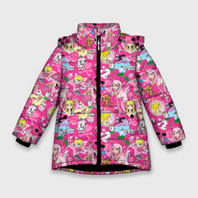 Зимняя куртка для девочек 3D с принтом Barbie and Tokidoki в Екатеринбурге, ткань верха — 100% полиэстер; подклад — 100% полиэстер, утеплитель — 100% полиэстер. | длина ниже бедра, удлиненная спинка, воротник стойка и отстегивающийся капюшон. Есть боковые карманы с листочкой на кнопках, утяжки по низу изделия и внутренний карман на молнии. 

Предусмотрены светоотражающий принт на спинке, радужный светоотражающий элемент на пуллере молнии и на резинке для утяжки. | Тематика изображения на принте: adios | barbie | brilliant | cat | dog | doll | girl | heart | heels | japan | palm | pony | tokidoki | адьос | барби | девушка | иногда | кот | кошка | кукла | пес | пони | собака | япония
