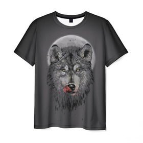 Мужская футболка 3D с принтом Волк Облизывается в Екатеринбурге, 100% полиэфир | прямой крой, круглый вырез горловины, длина до линии бедер | forest | grey | moon | werewolf | werewolfs | white | wolf | wolfs | белый | волк | волки | волчата | волченок | волчица | волчицы | лес | луна | оборотень | оборотни | серый | язык