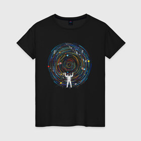 Женская футболка хлопок с принтом КосмоDj в Екатеринбурге, 100% хлопок | прямой крой, круглый вырез горловины, длина до линии бедер, слегка спущенное плечо | dj | space | астронавт | диджей | диск | космонавт | космос | музыка | планеты | пластинка | солнечная система